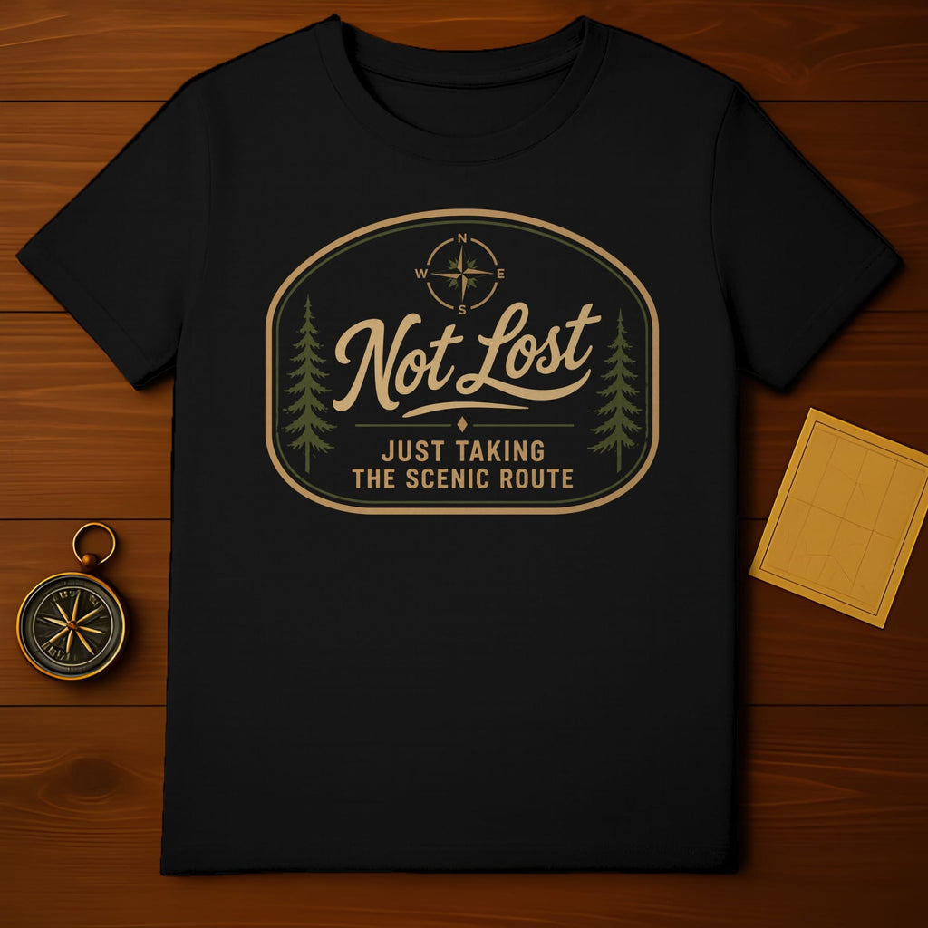 Black t-shirt with oval graphic: "Not Lost Just Taking The Scenic Route" and compass.
