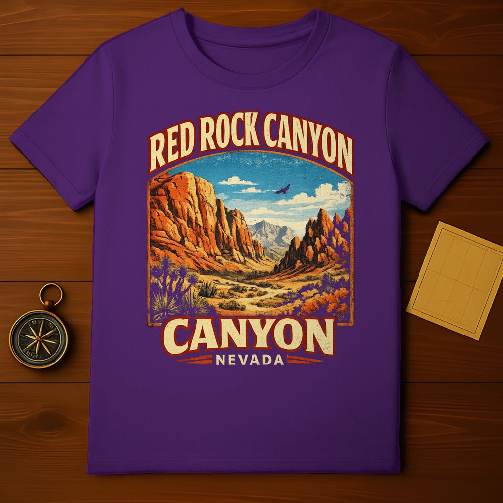 RED ROCK CANYON NEVADA Scenic Landscape T-shirt product type
red rock canyon, nevada, canyon, desert landscape, mountain design, scenic view, nature print, outdoor apparel, travel shirt, vintage style, graphic tee, purple shirt, adventure gear, southwest design, hiking clothing, national park, rock formation, desert plants, bird sky, usa travel