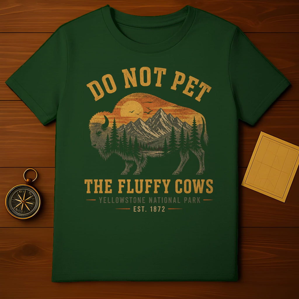 Green t-shirt with "Do Not Pet The Fluffy Cows Yellowstone National Park 1872" text and bison silhouette.