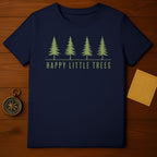 Navy t-shirt with "Happy Little Trees" text and four evergreen trees.