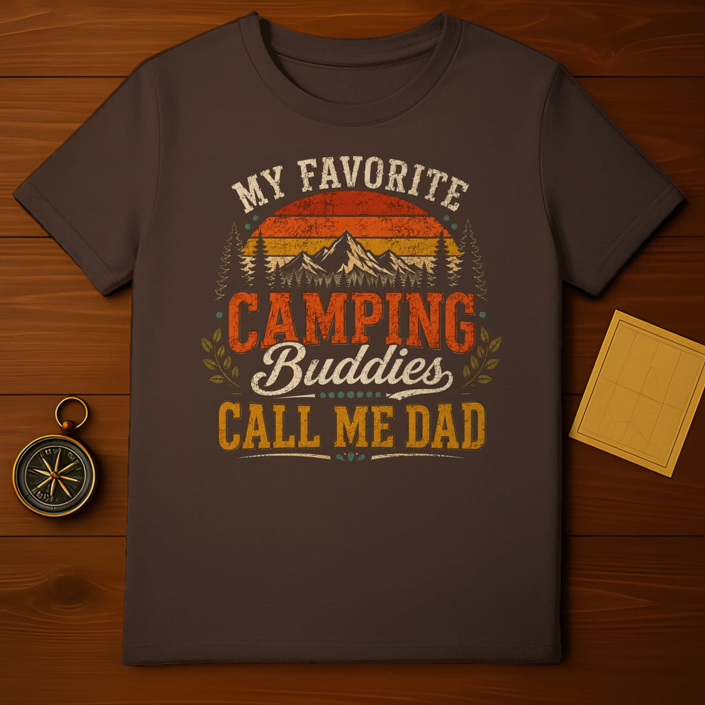Brown t-shirt with "My Favorite Camping Buddies Call Me Dad" text and mountain sunset graphic.