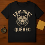 Black t-shirt with "Explorez Québec" and a bear graphic.