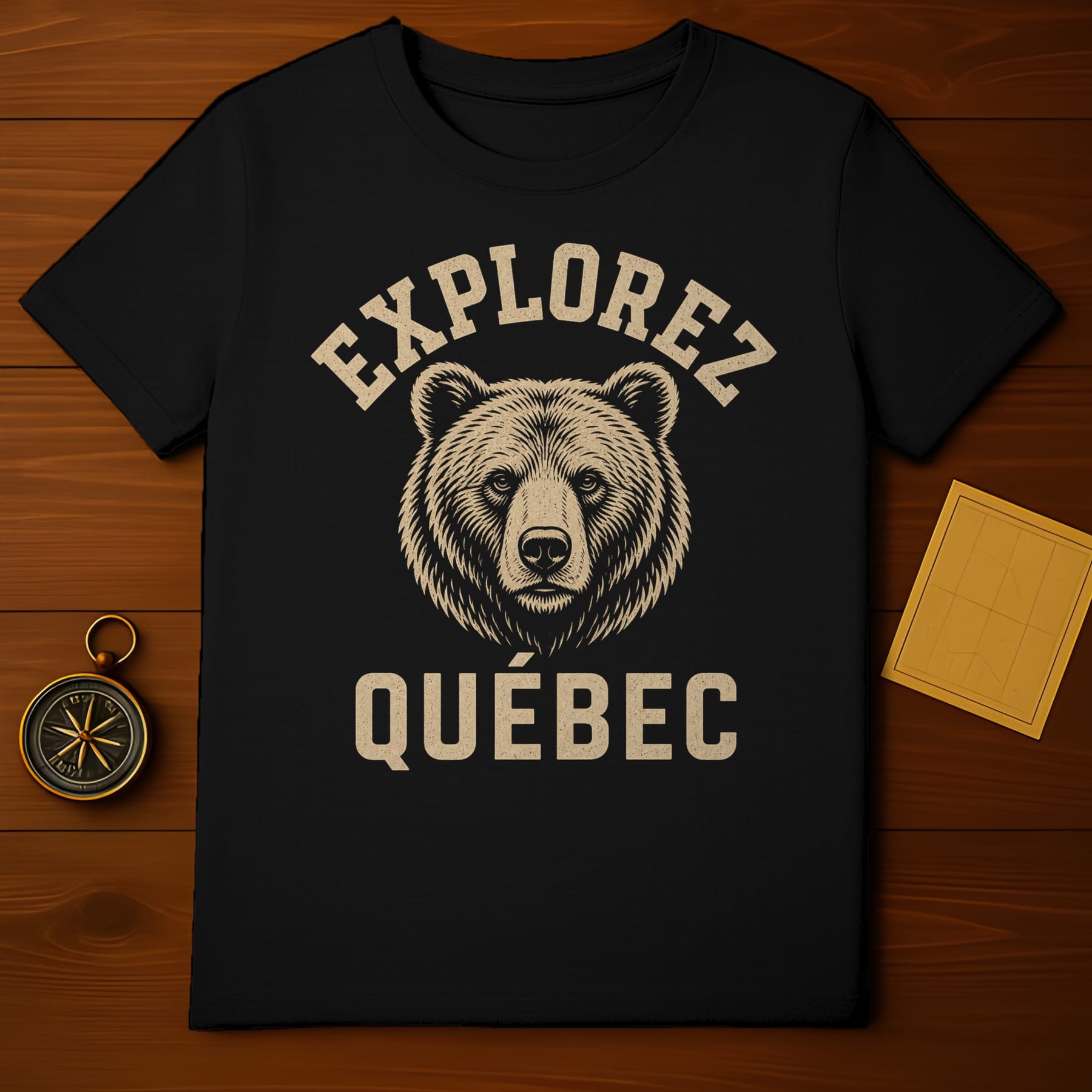 Black t-shirt with "Explorez Québec" and a bear graphic.