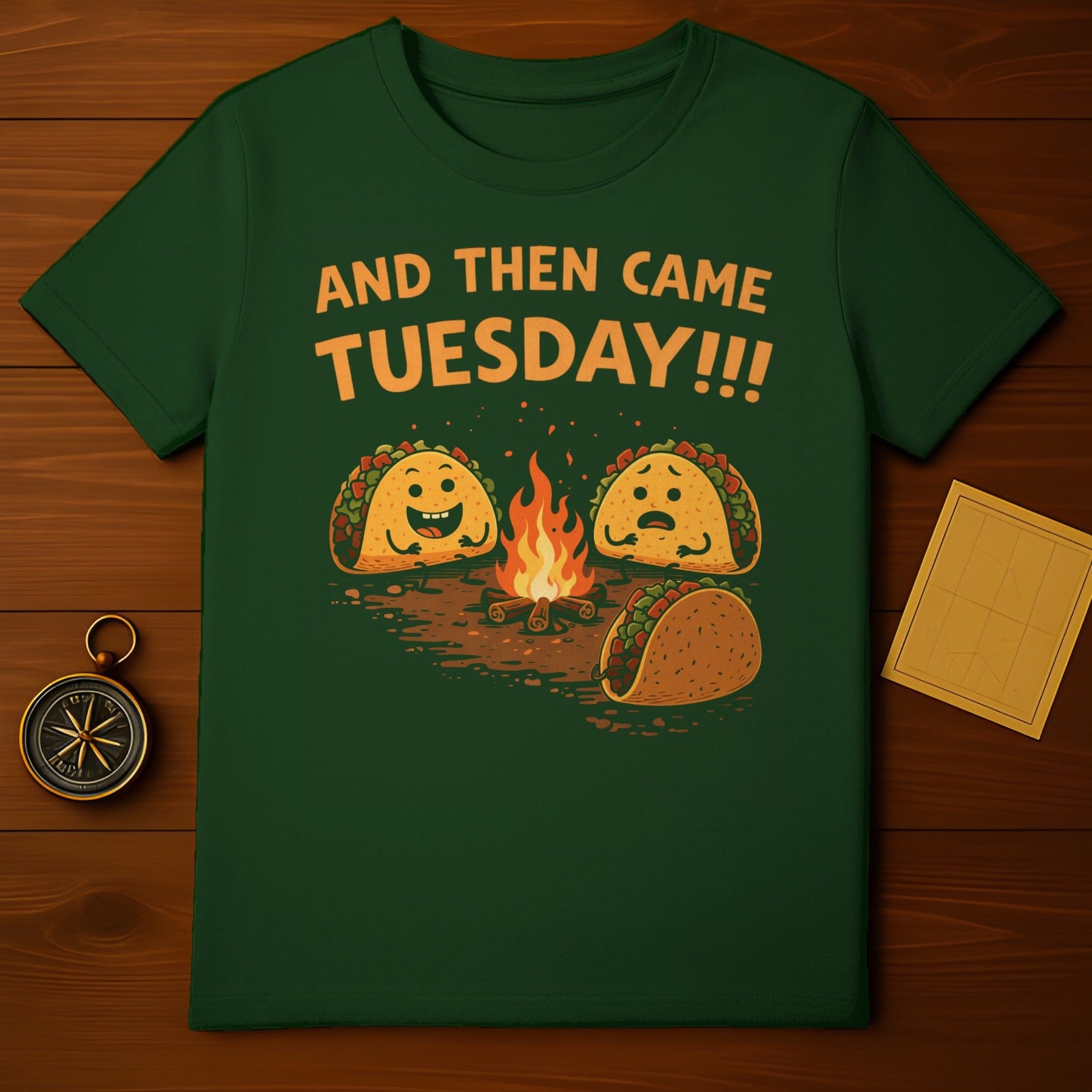 And Then Came Tuesday Tacos Campfire Funny Design product type
Taco Tuesday
Funny Taco
Campfire Tacos
Humorous Design
Cartoon Tacos
Mexican Food
Taco Lover
Foodie Gift
Graphic Tee
Slogan Shirt
Unique Apparel
Gift Idea
Dark Green Shirt
Happy Taco
Sad Taco
Taco Meme
Tuesday Fun
Punny Shirt
Casual Wear
Food Humor