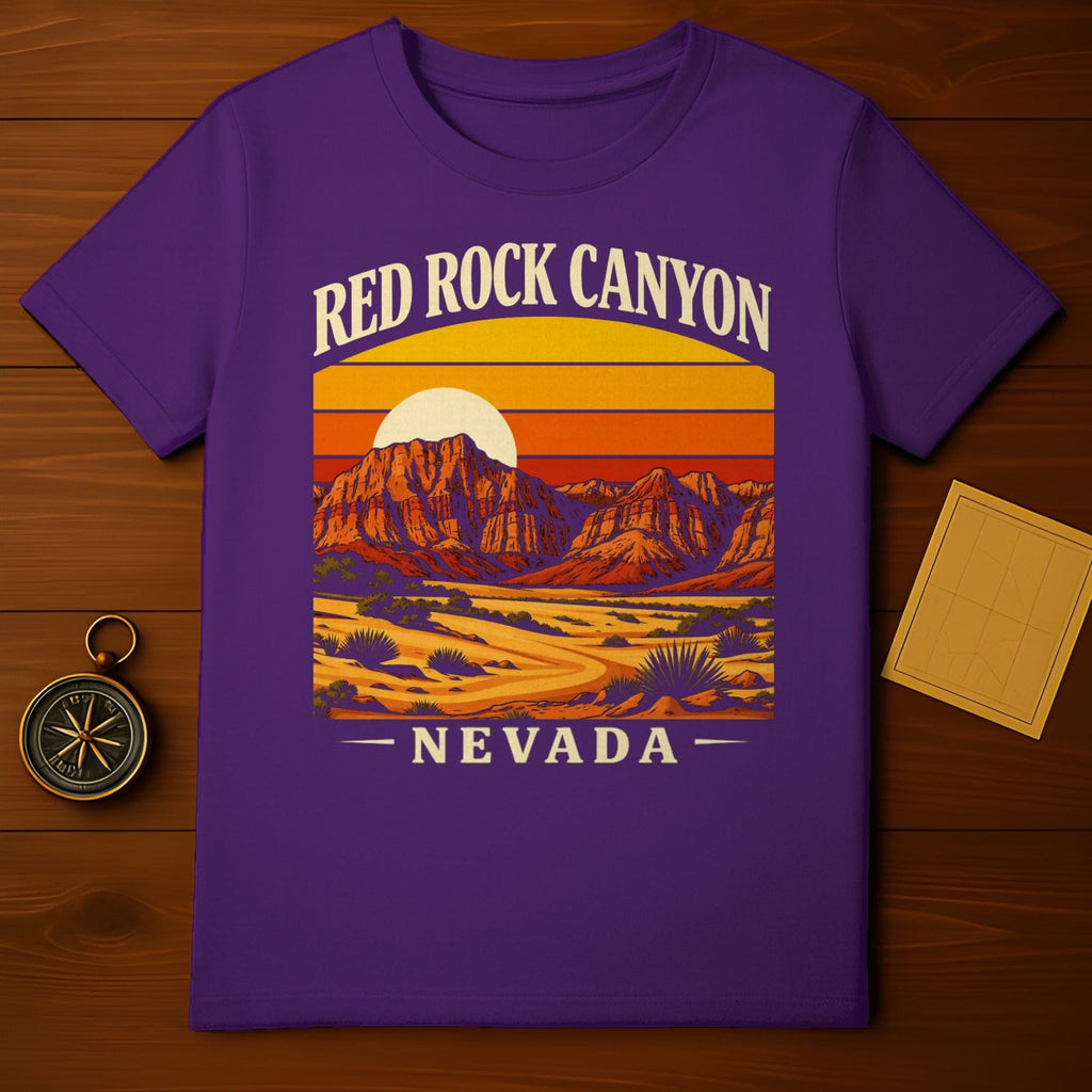 RED ROCK CANYON NEVADA Desert Landscape Graphic T-Shirt product type
red rock canyon, nevada, desert landscape, mountain graphic, sunrise sunset, purple apparel, nature design, outdoor theme, travel souvenir, retro graphic, southwest art, canyon vista, desert flora, scenic design, road trip, national park, adventure style, vintage look, vibrant colors, western desert