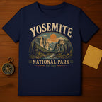 Dark blue t-shirt graphic with Yosemite National Park landscape and EST 1890.