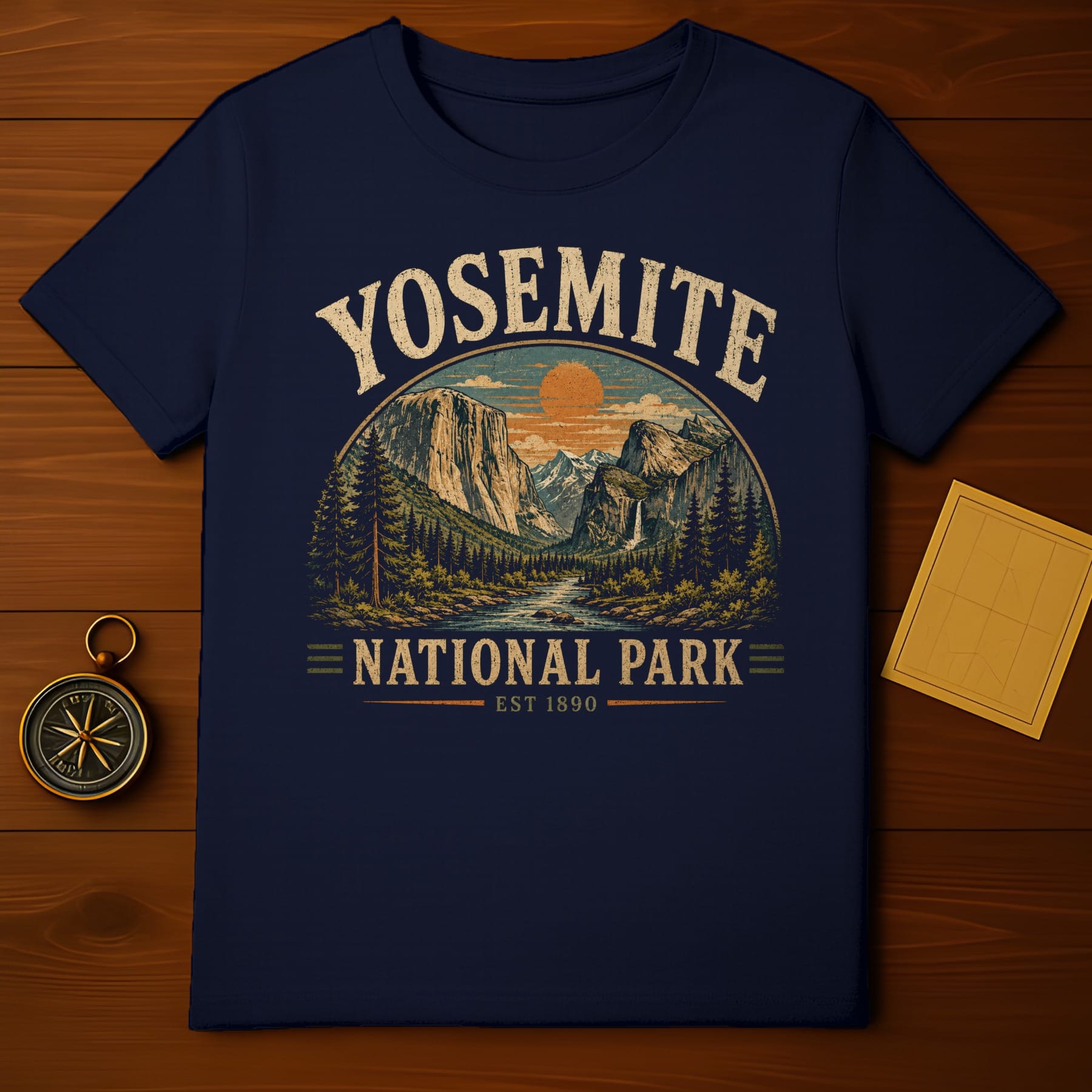 Dark blue t-shirt graphic with Yosemite National Park landscape and EST 1890.