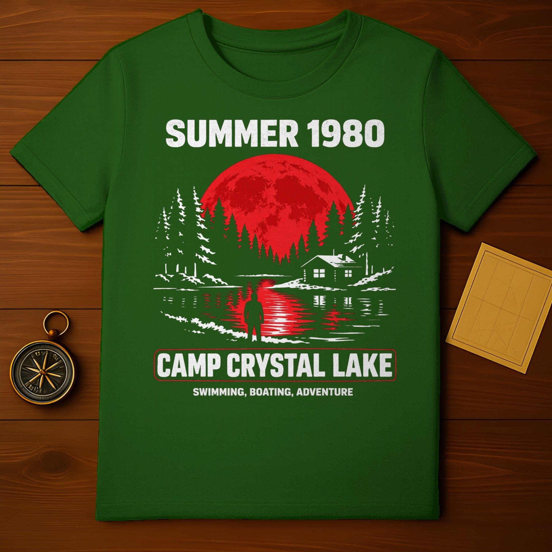 Summer 1980 Camp Crystal Lake Horror Movie Fan product type
Summer 1980, Camp Crystal Lake, Friday 13th, Jason Voorhees, Horror movie, Slasher film, Retro graphic, Vintage style, 80s horror, Spooky design, Full moon, Lake scene, Pine trees, Cabin, Silhouette, Cult classic, Movie fan, Apparel, Clothing, Adventure design
