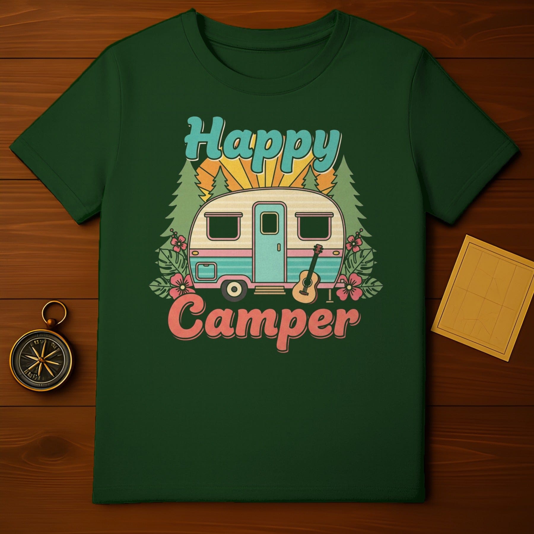 Happy Camper Graphic Tee with Retro Caravan Design