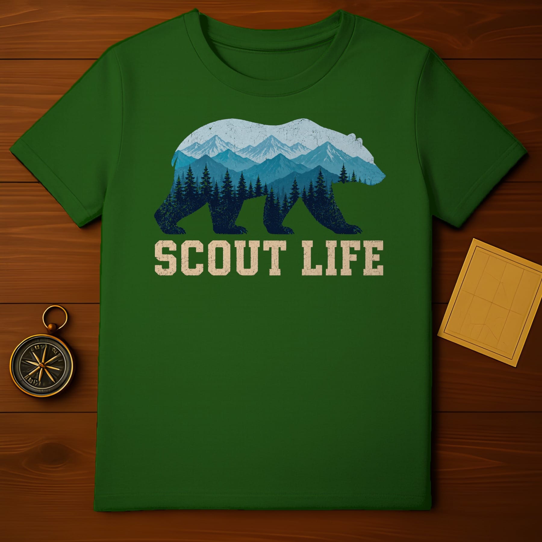 Green t-shirt with distressed bear silhouette containing mountains and trees, text says "SCOUT LIFE"