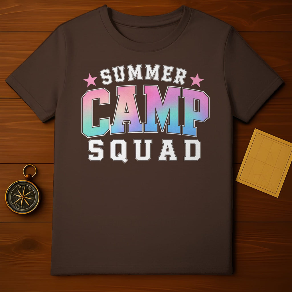 Brown t-shirt with "Summer Camp Squad" graphic in gradient colors.