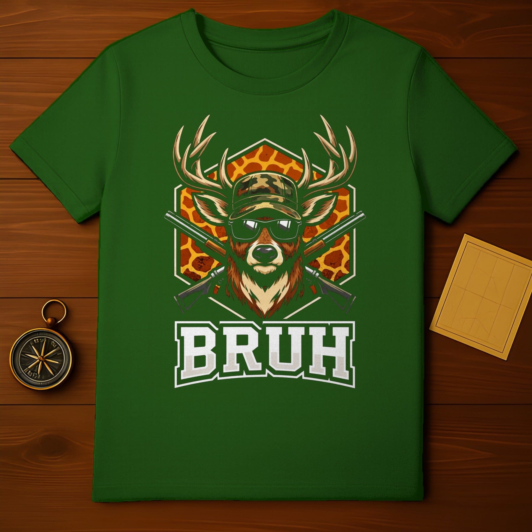 Deer with Sunglasses Bruh Graphic Green T-shirt