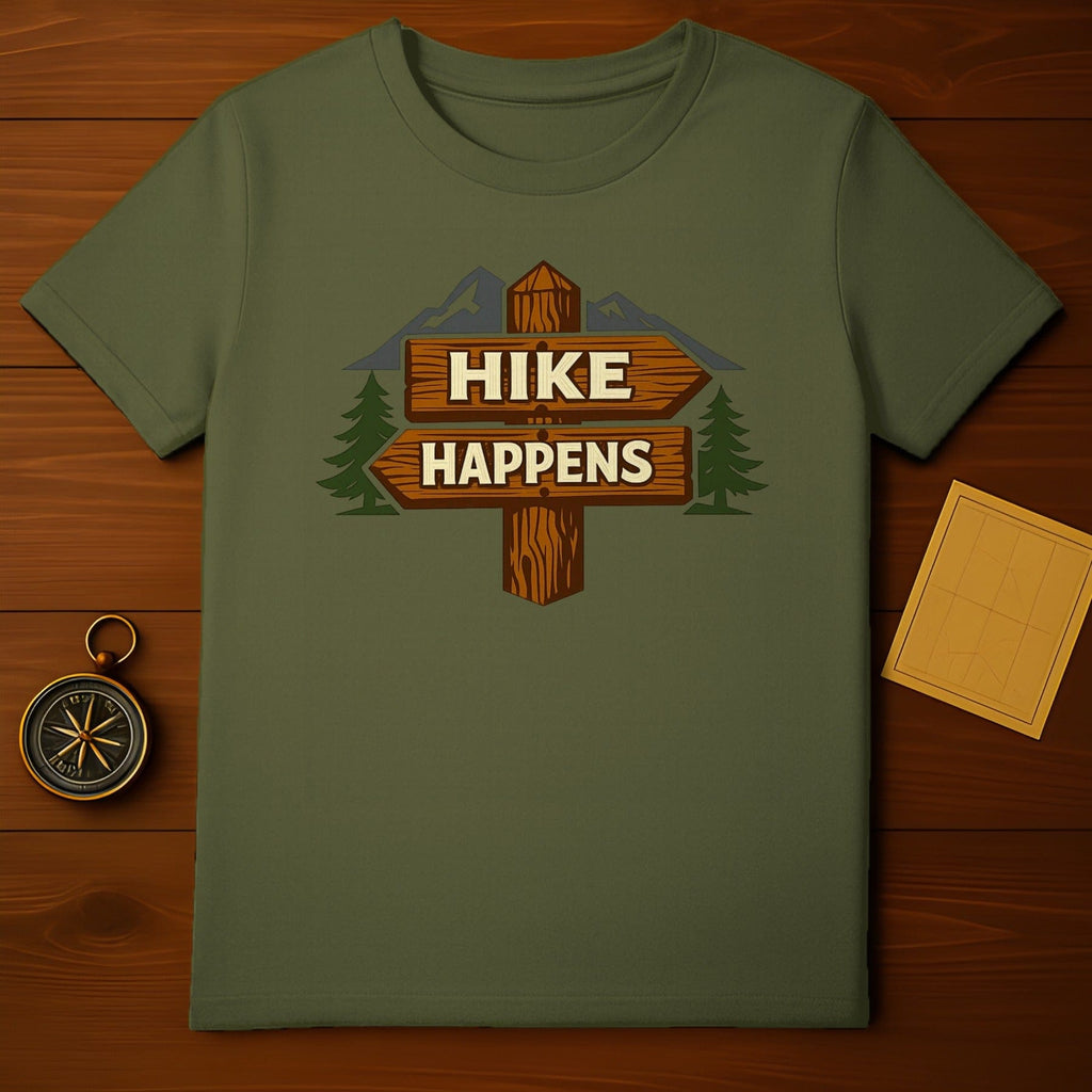 Hike Happens Graphic Tee with Rustic Signage Design