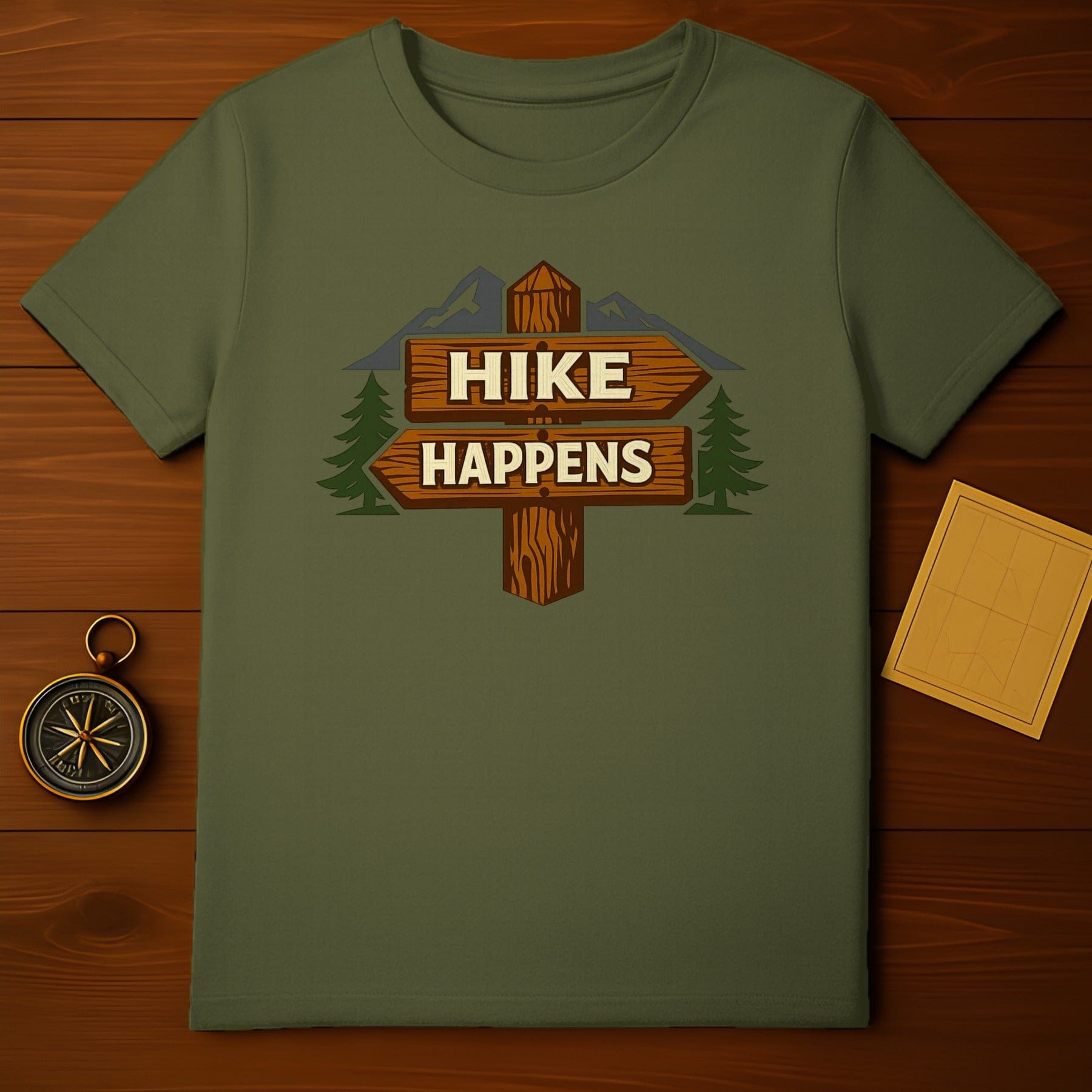 Hike Happens Graphic Tee with Rustic Signage Design
