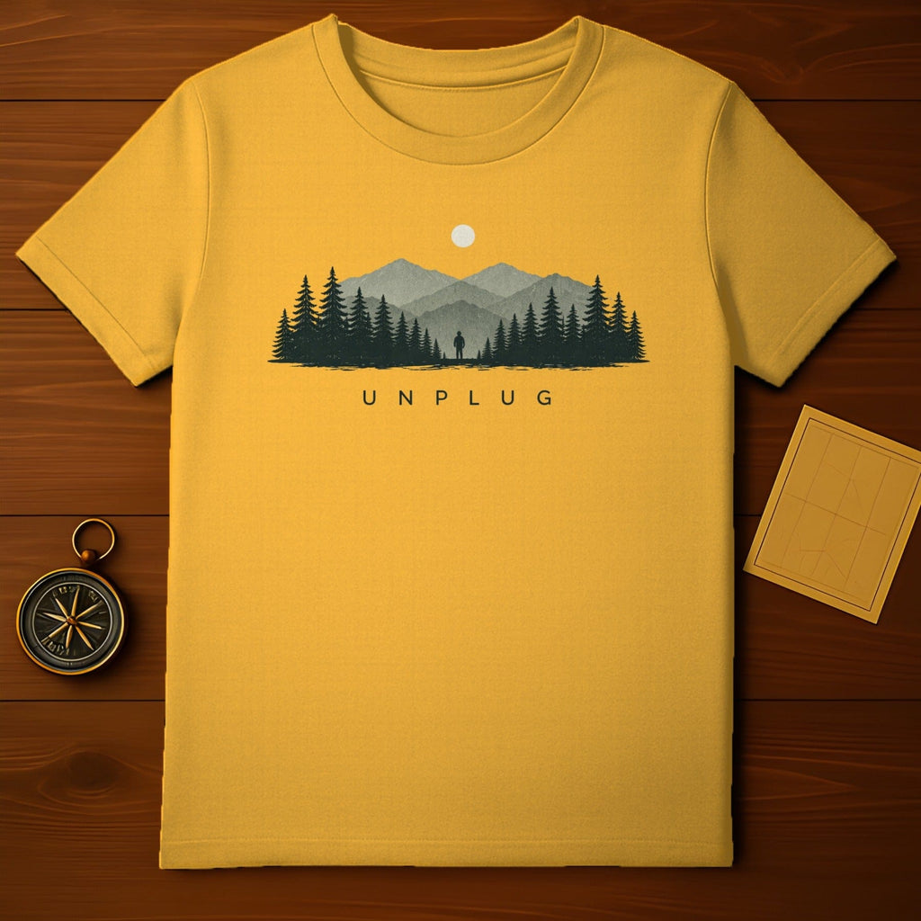 Unplug Yellow T-Shirt with Mountain and Forest Design