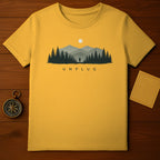 Unplug Yellow T-Shirt with Mountain and Forest Design