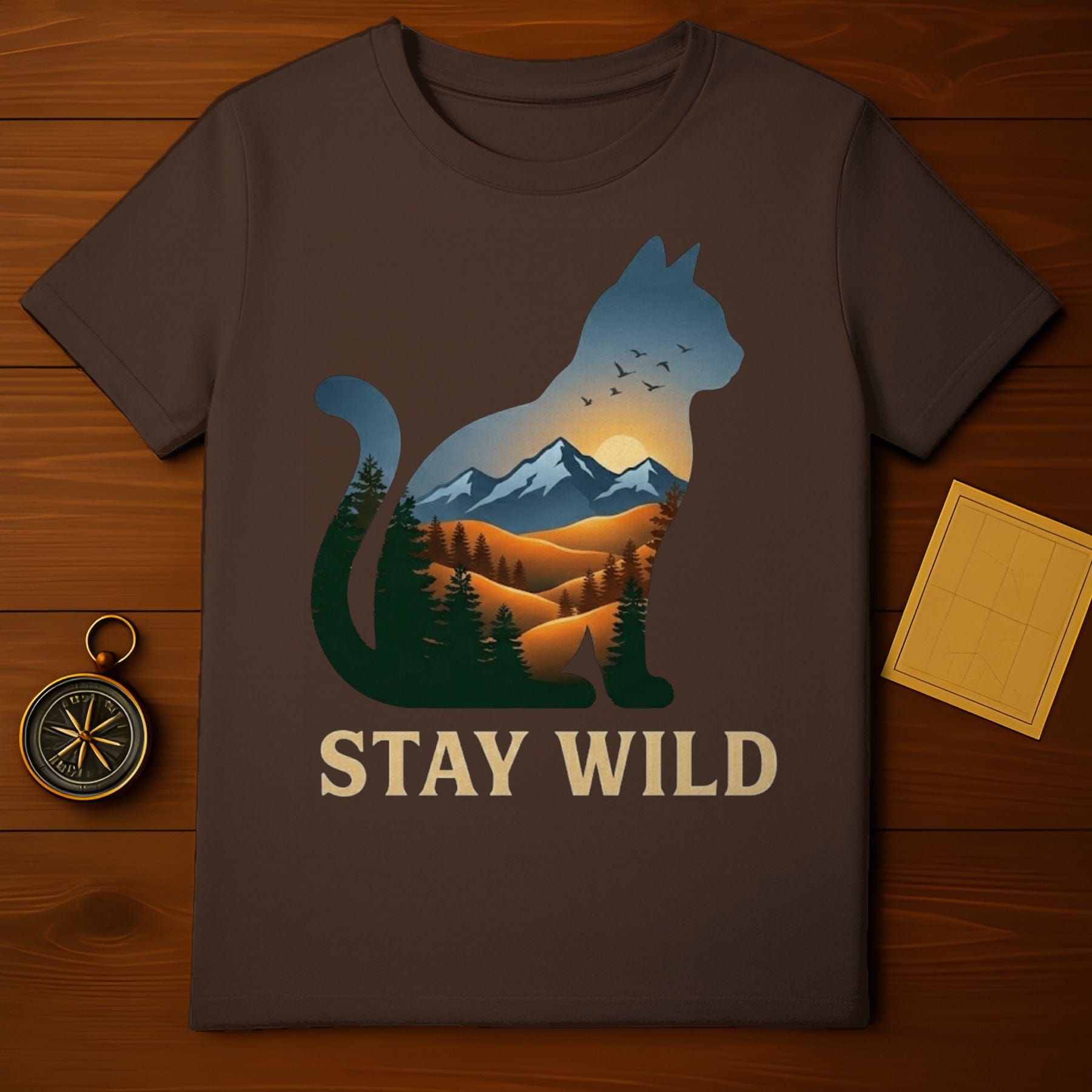 Stay Wild Cat Silhouette Mountain Forest Sunset Birds product type