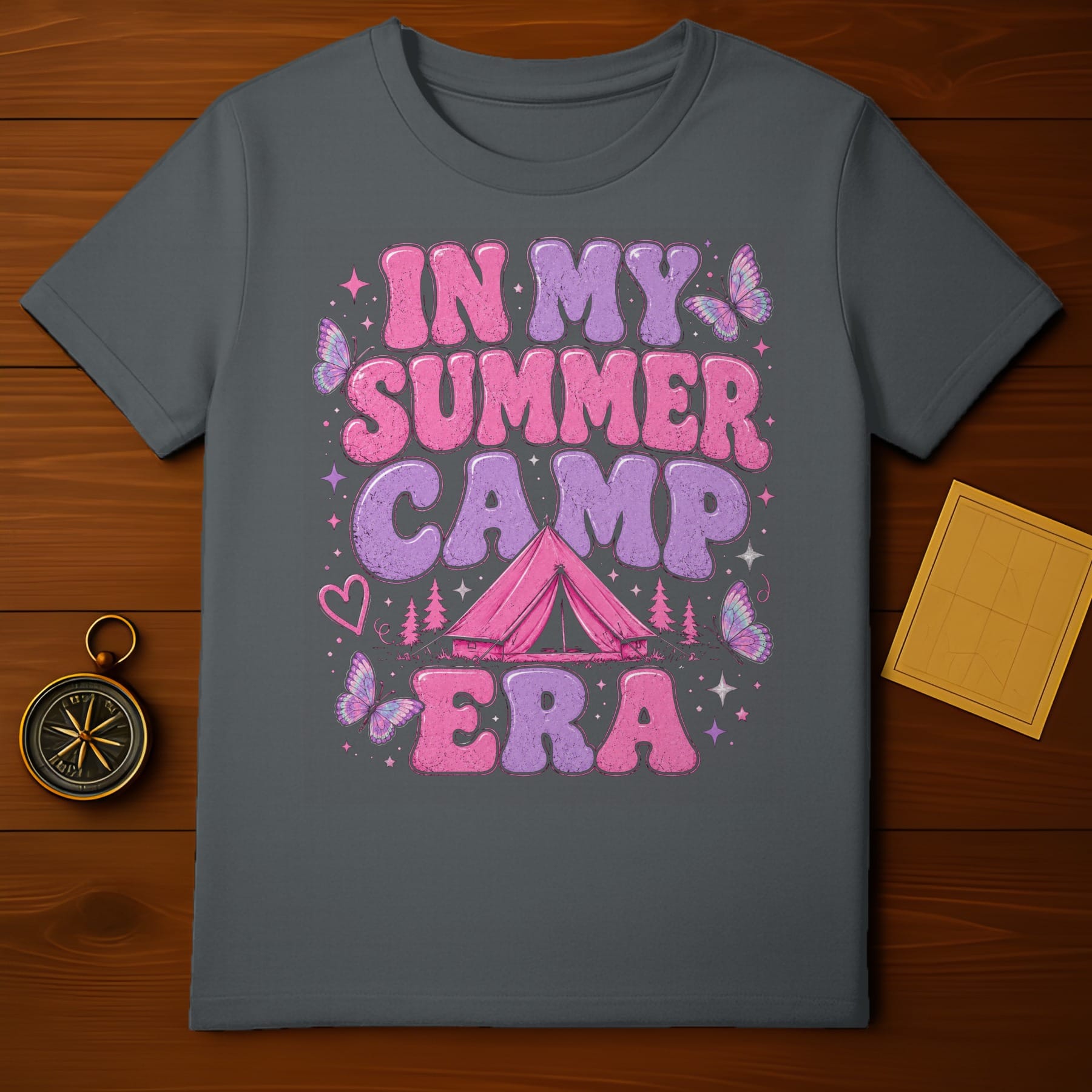 Gray t-shirt with "IN MY SUMMER CAMP ERA" text, tent, and butterflies.