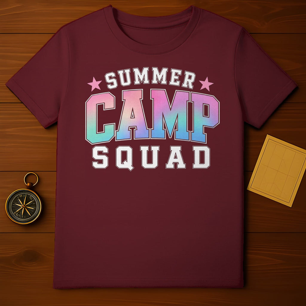 Maroon t-shirt with "Summer Camp Squad" text and iridescent lettering.