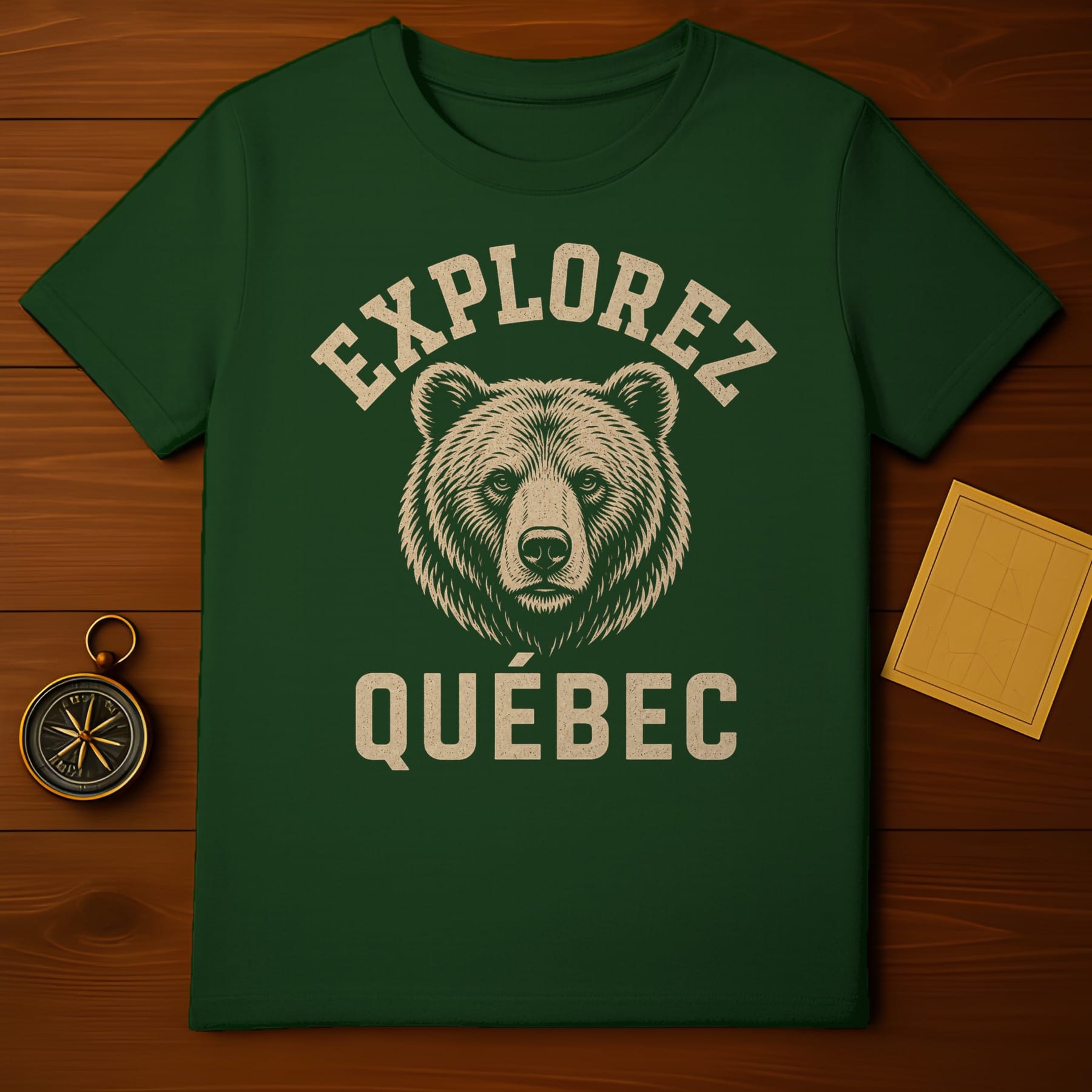 Green t-shirt with distressed bear graphic and "Explorez Quebec" text.
