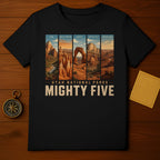 T-shirt with "Mighty Five Utah National Parks" and scenes from Zion, Bryce Canyon, Arches, Capitol Reef, Canyonlands.