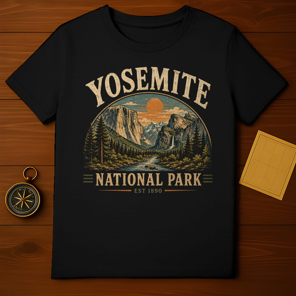 Yosemite National Park est 1890 design on a black t-shirt.