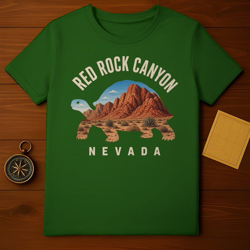 Green t-shirt with Red Rock Canyon, Nevada desert landscape inside a tortoise silhouette.