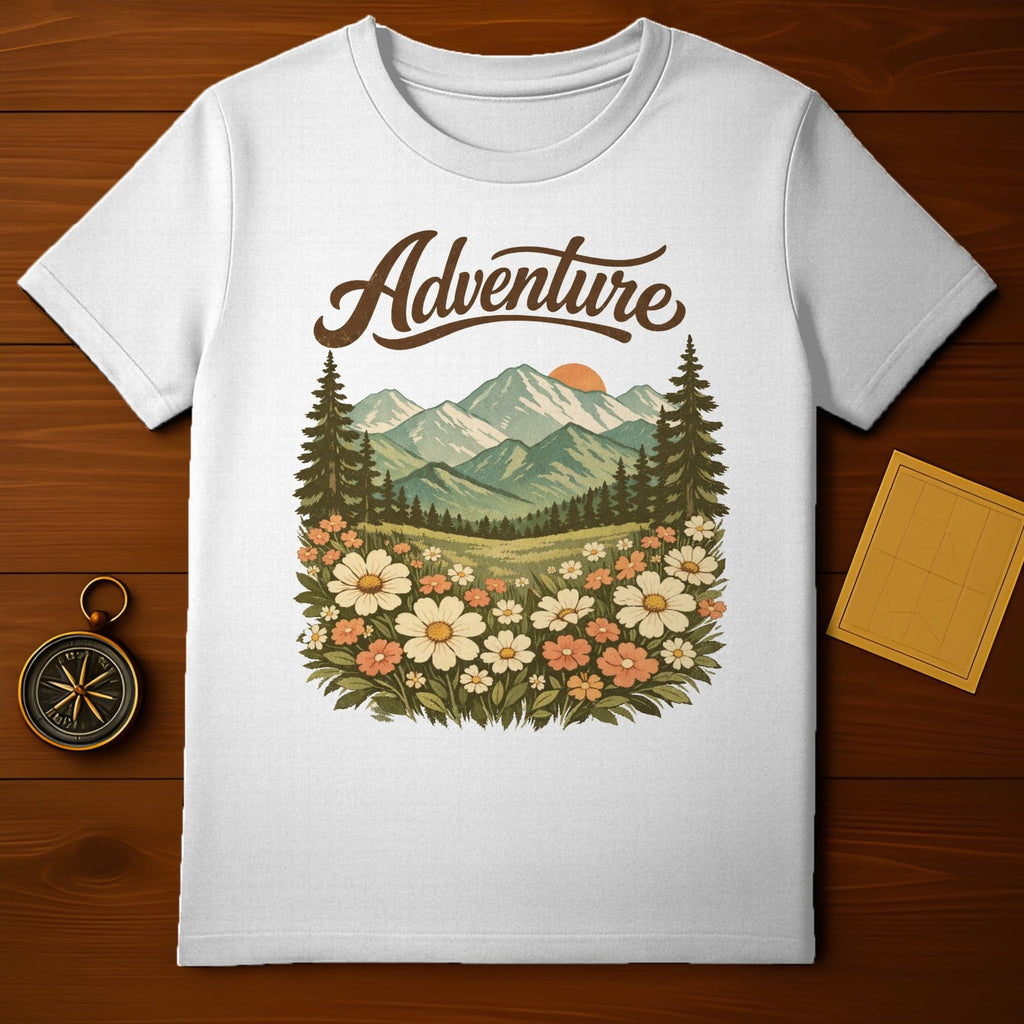 Adventure Mountain and Floral Design T-shirt