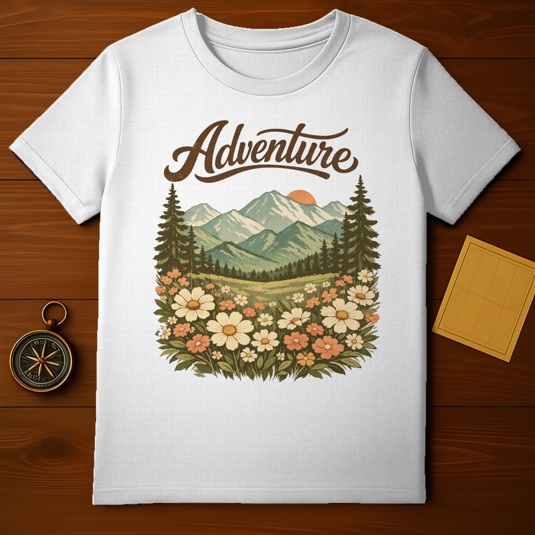 Adventure Mountain and Floral Design T-shirt