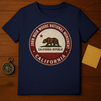 Navy t-shirt with John Muir Woods National Monument California Republic logo.