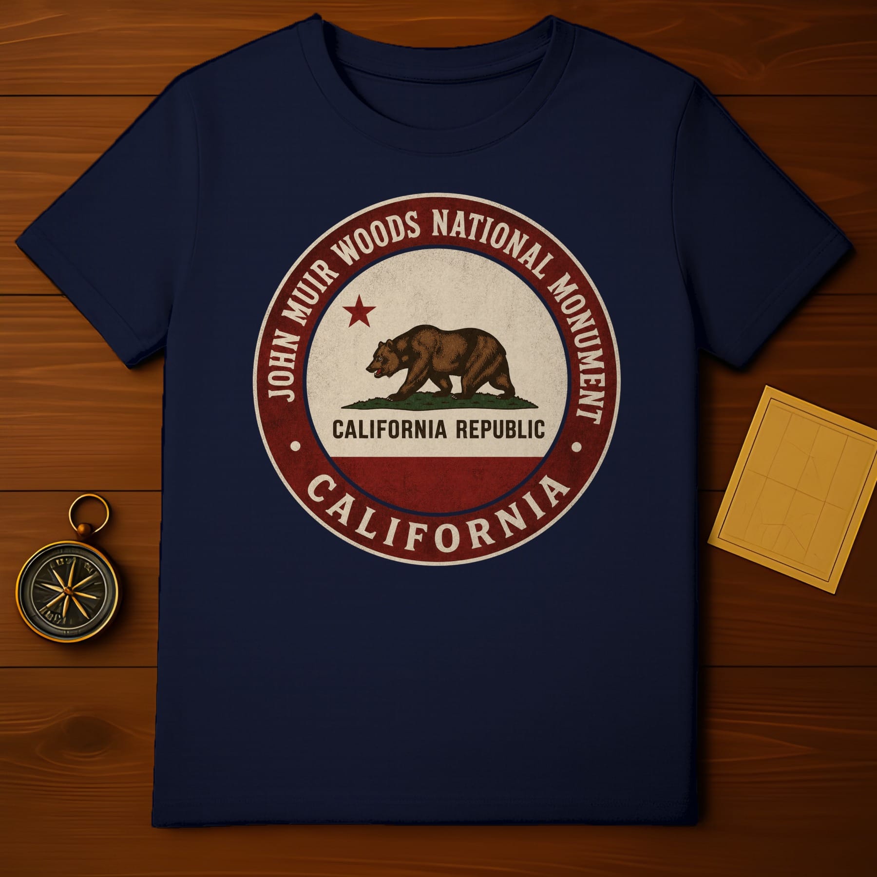 Navy t-shirt with John Muir Woods National Monument California Republic logo.