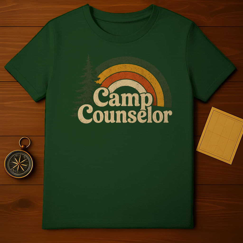 Green t-shirt with distressed rainbow and "Camp Counselor" text.