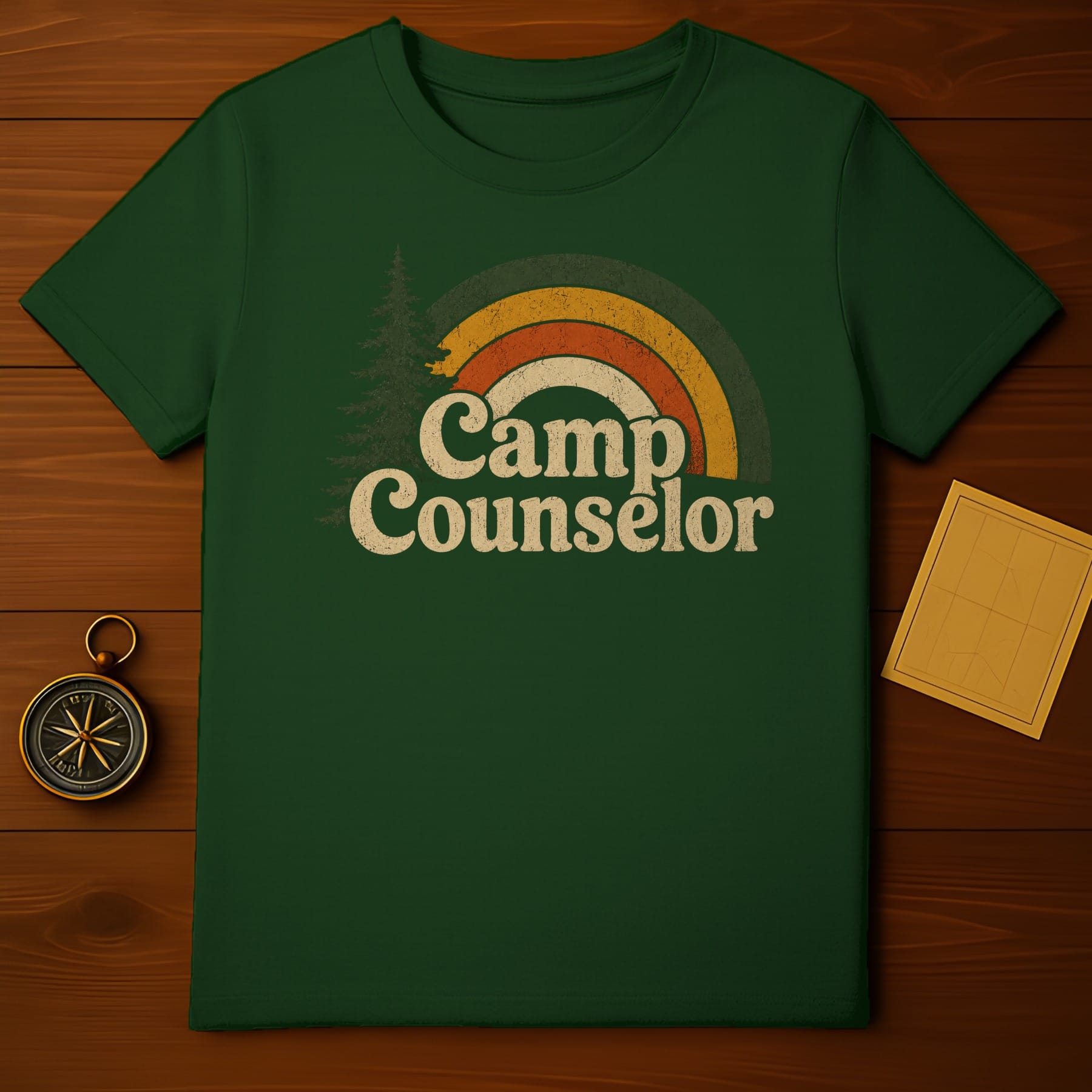 Green t-shirt with distressed rainbow and "Camp Counselor" text.