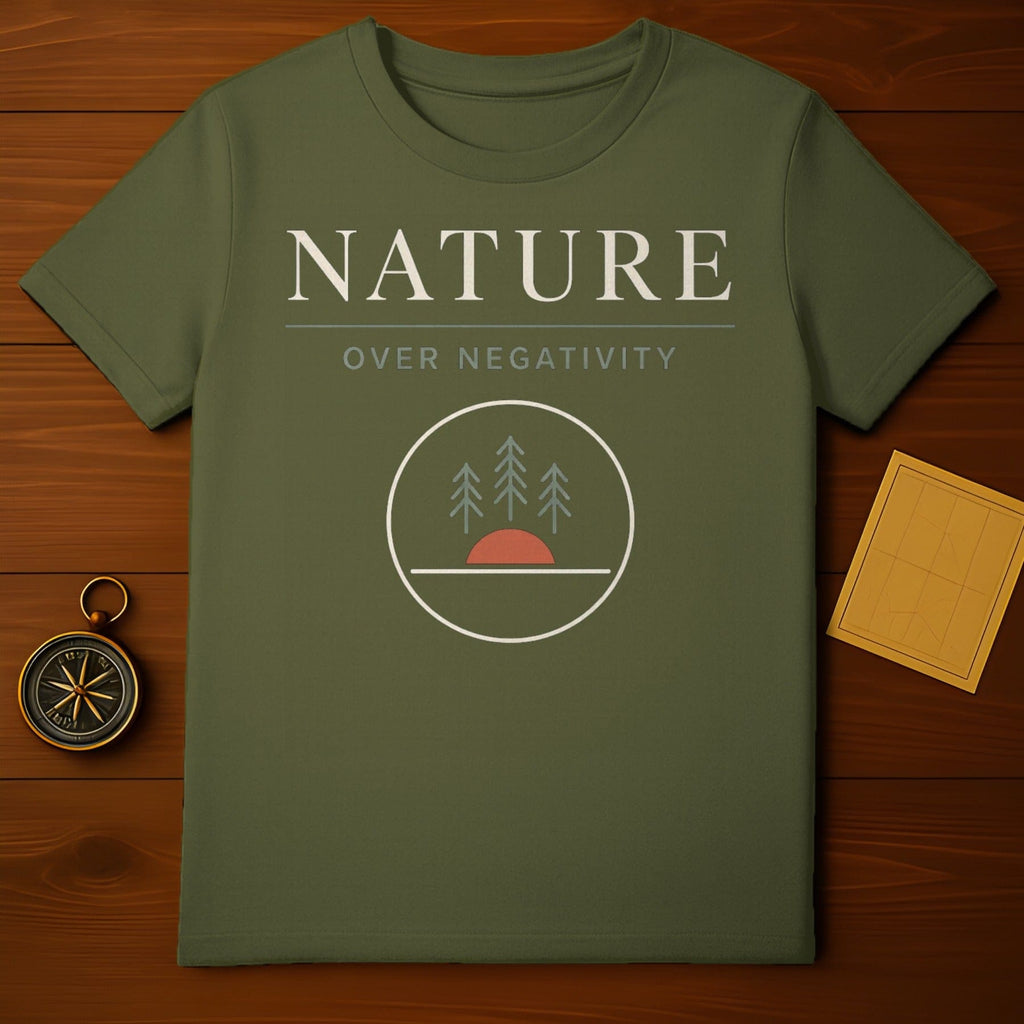 NATURE OVER NEGATIVITY trees sun graphic t-shirt product type
t-shirt, shirt, tee, nature, positivity, outdoor, camping, hiking, trees, forest, wilderness, adventure, inspiration, graphic tee, casual wear, minimalist design, olive green, earth tones, sunrise graphic, exploration