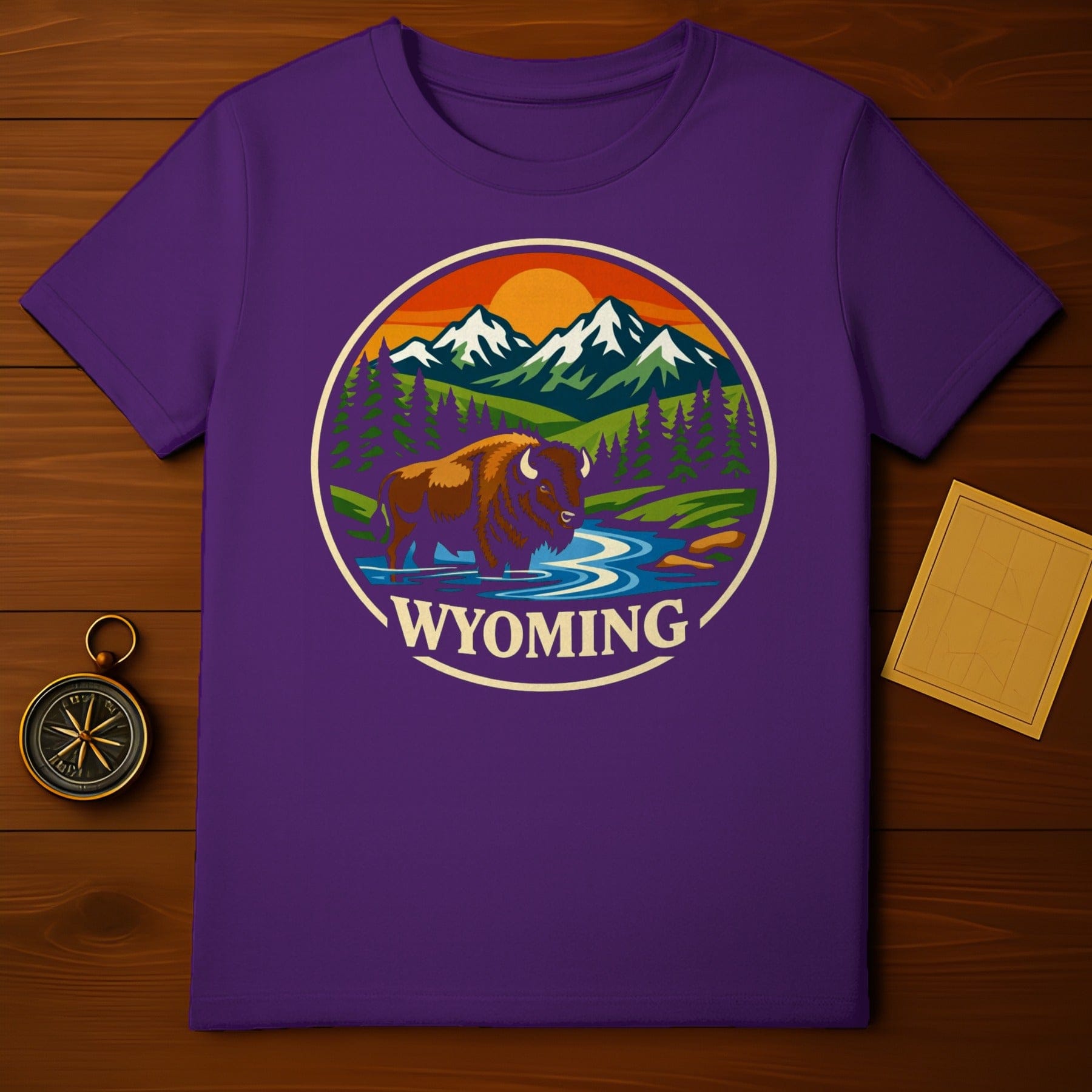 Wyoming Bison Mountain River Nature Scene product type
Wyoming, Bison, Buffalo, Mountain, Nature, Wildlife, Outdoors, Adventure, Travel, Souvenir, River, Forest, Pine Trees, Sunset Design, Graphic Apparel, Animal Art, Retro Aesthetic, National Park, US State, Landscape View
