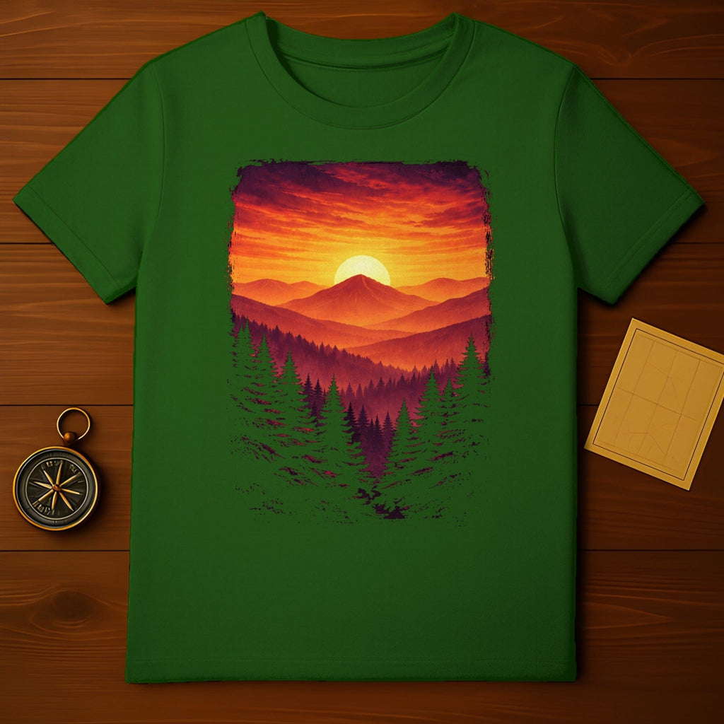 Vibrant Mountain Sunset Forest Nature Adventure product type
Sunset, Mountains, Forest, PineTrees, Nature, Landscape, Vibrant, Colorful, Outdoor, Adventure, Camping, Hiking, Wilderness, Scenic, Horizon, Sky, OrangeRed, GreenShirt, TShirt, Apparel