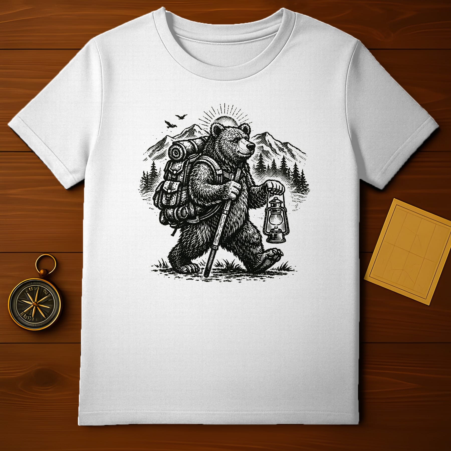 Hiking Bear with Backpack and Lantern T-shirt