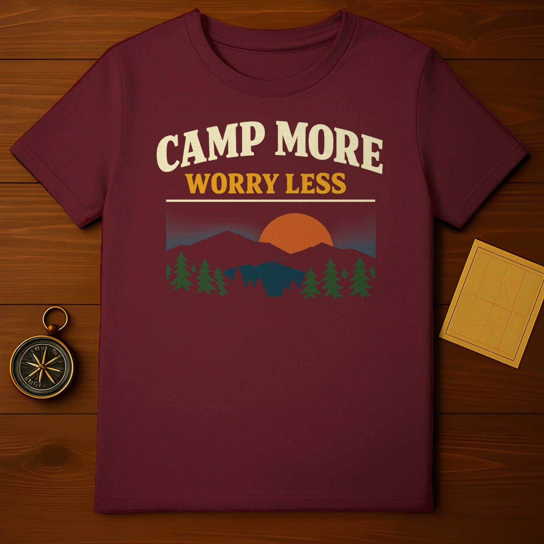 Camp More Worry Less Outdoor Adventure Sunset product type
Camping
Outdoor
Nature
Mountains
Pine Trees
Sunset
Camp More
Worry Less
Adventure
Hiking
Travel
Explore
Forest
Wilderness
Retro design
Vintage style
Graphic tee
Maroon apparel
Good vibes
Relaxing
