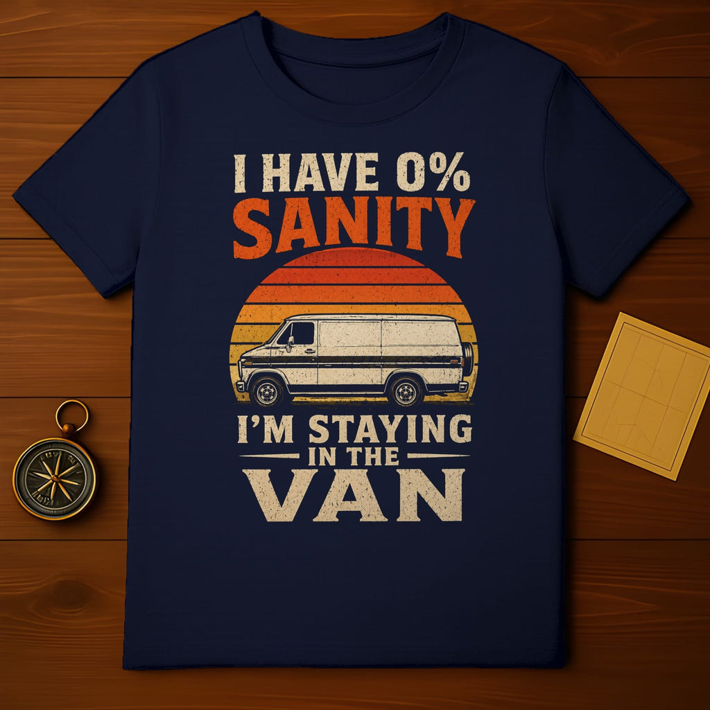 Navy t-shirt with text "I HAVE 0% SANITY" and van graphic.