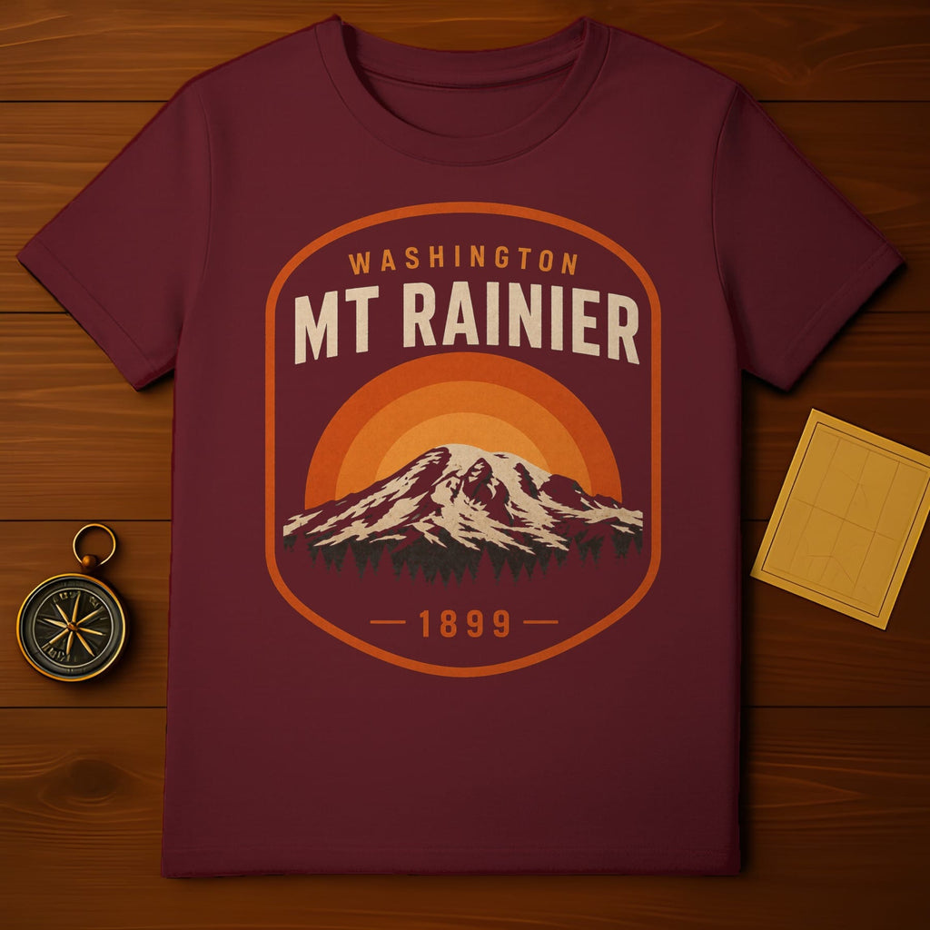 Maroon t-shirt with Mt. Rainier, Washington design and 1899 year.