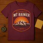 Maroon t-shirt with Mt. Rainier, Washington design and 1899 year.