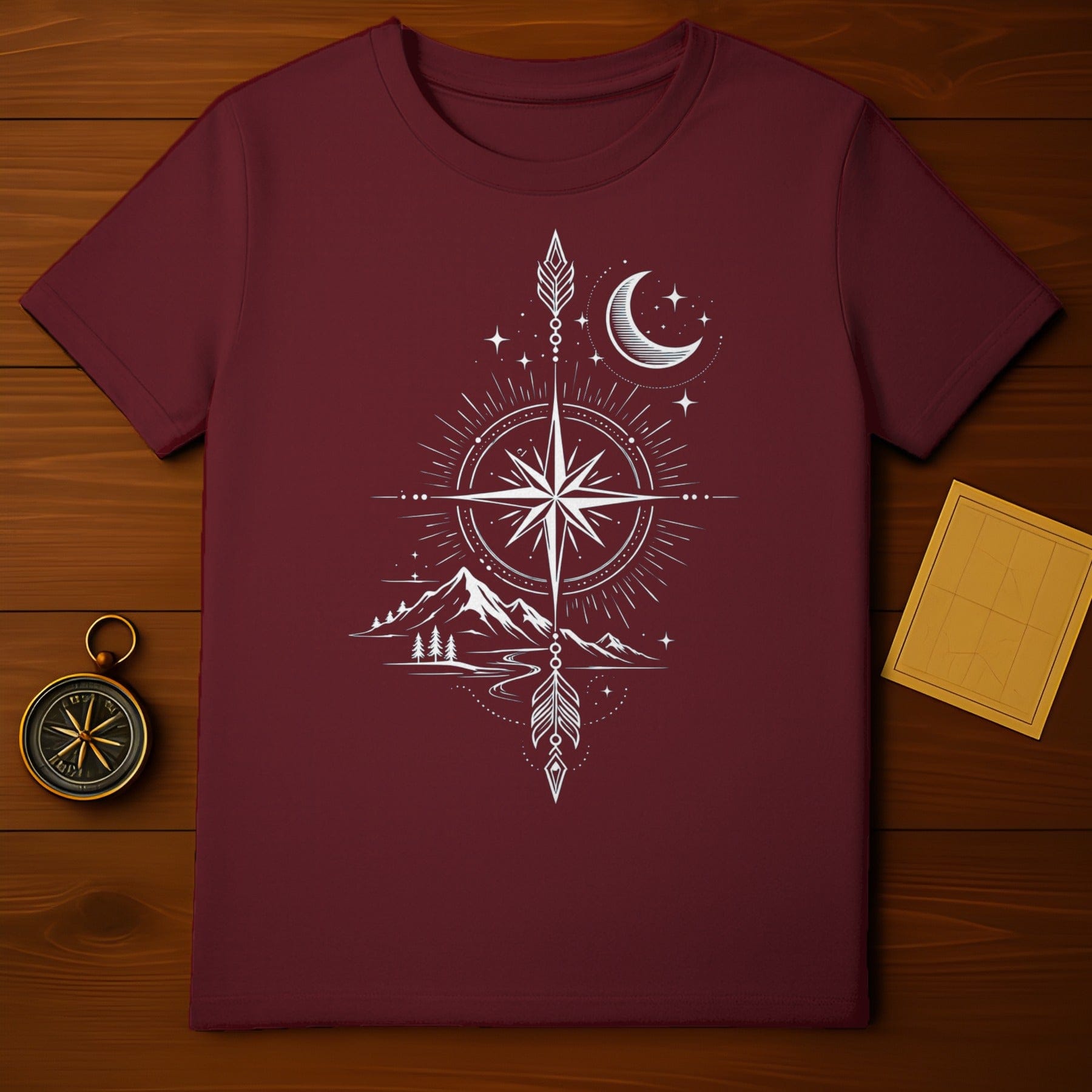 Mountain Compass Moon and Stars Maroon T-Shirt