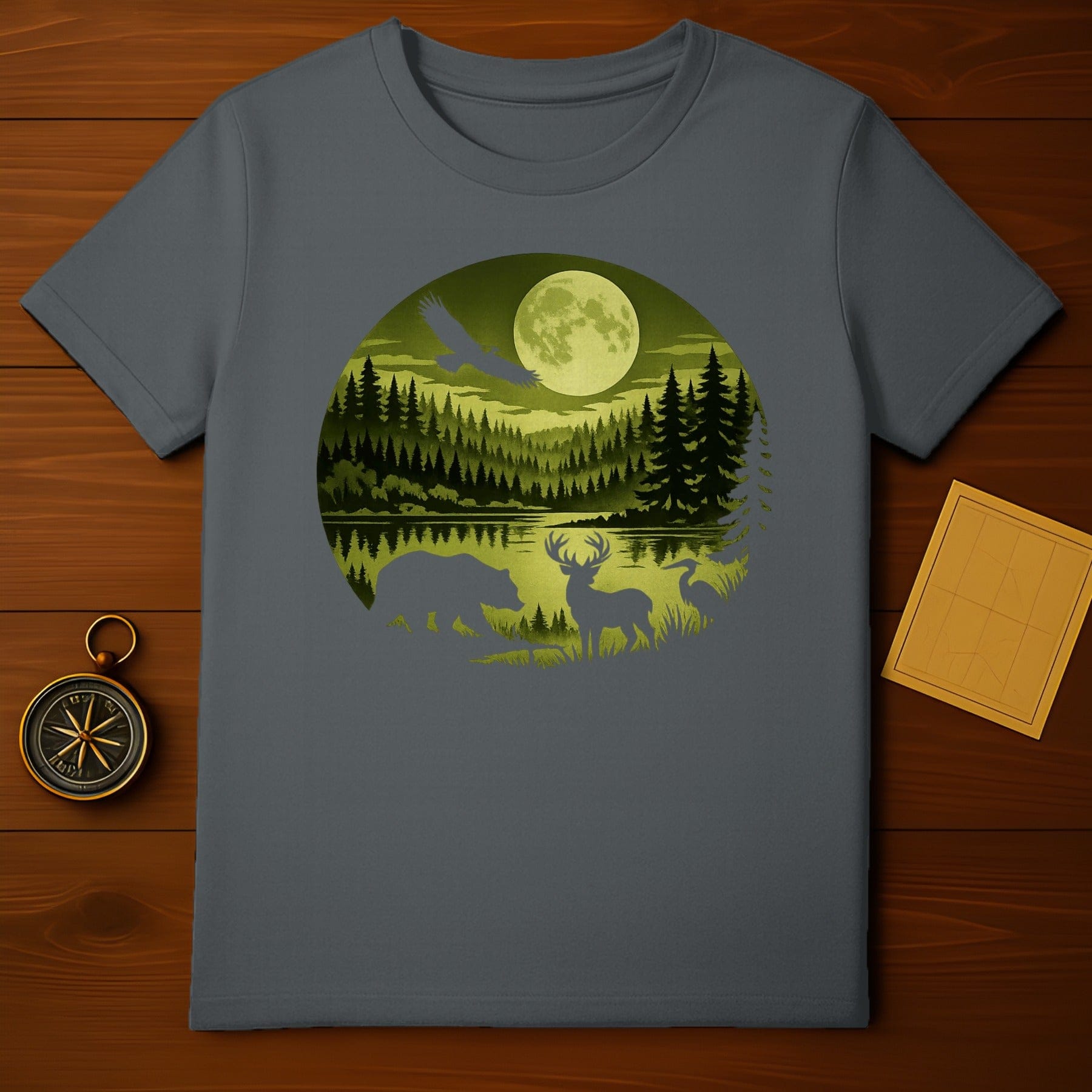 Forest Wildlife Scene Under Full Moon T-shirt