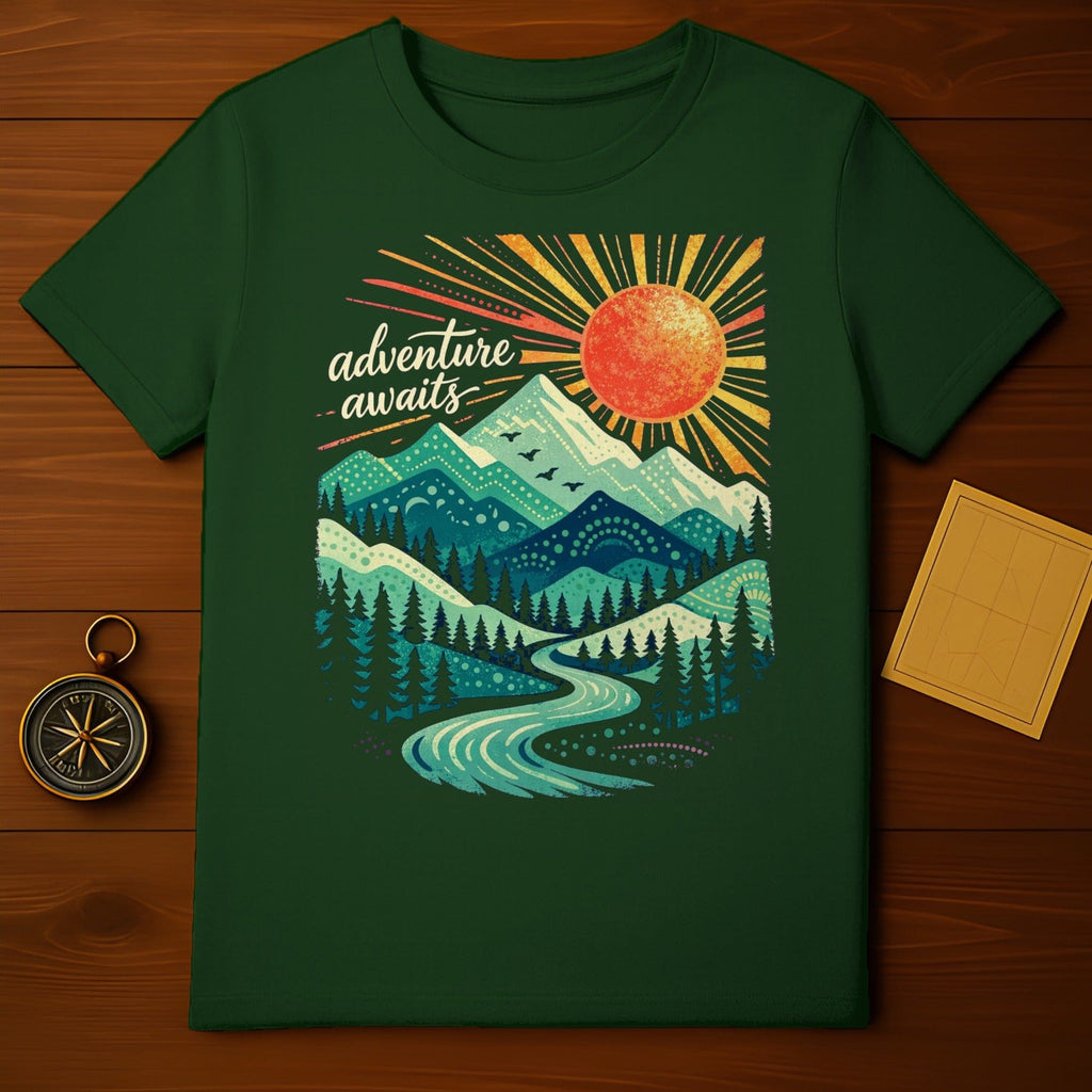 Adventure Awaits Sun Design Green T-Shirt
