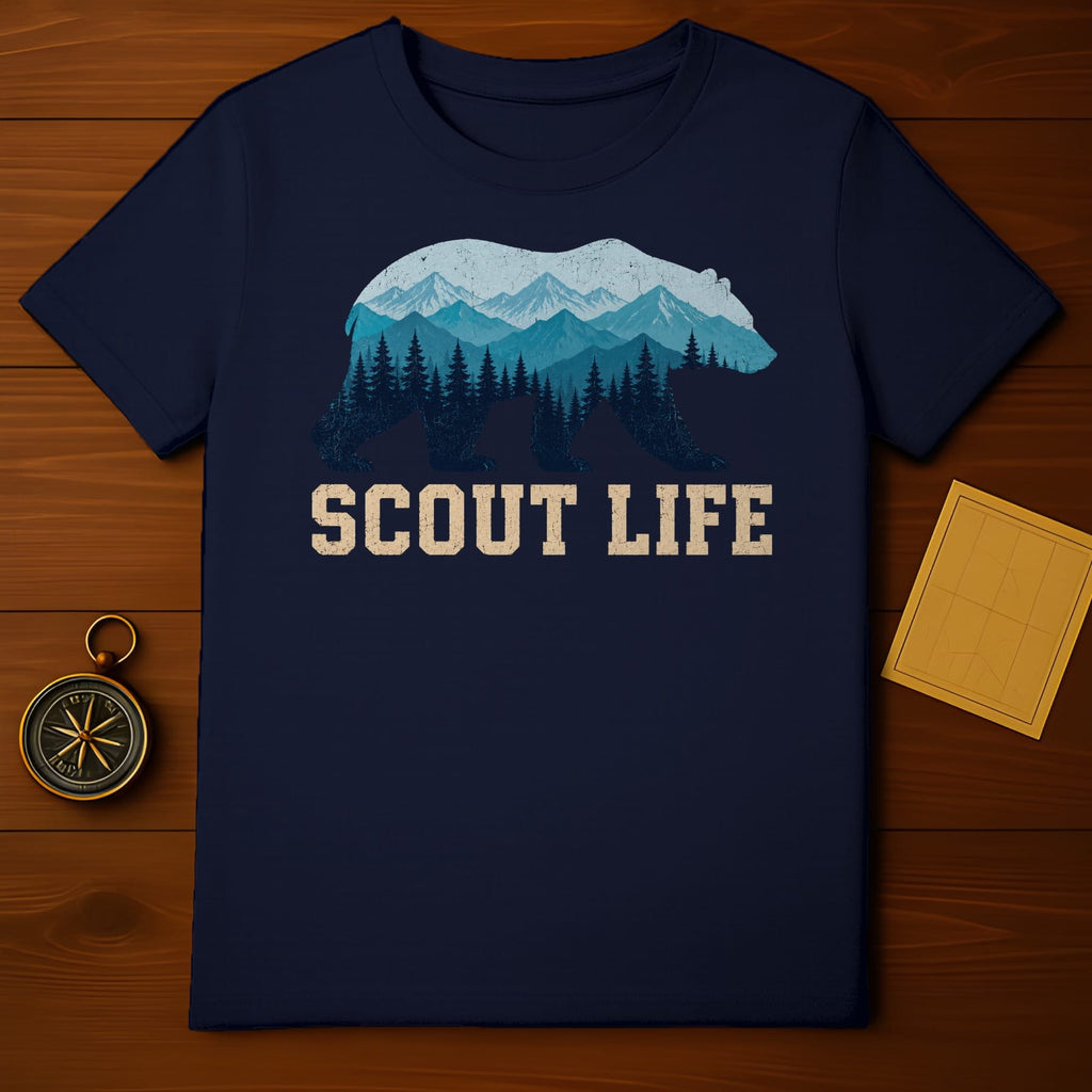 Navy t-shirt with a bear silhouette filled with mountains, trees, and text "SCOUT LIFE".