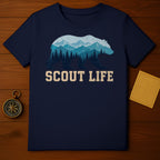 Navy t-shirt with a bear silhouette filled with mountains, trees, and text "SCOUT LIFE".